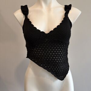 Crocheted Asymmetrical Knit Tank Ruffled Straps Small Black